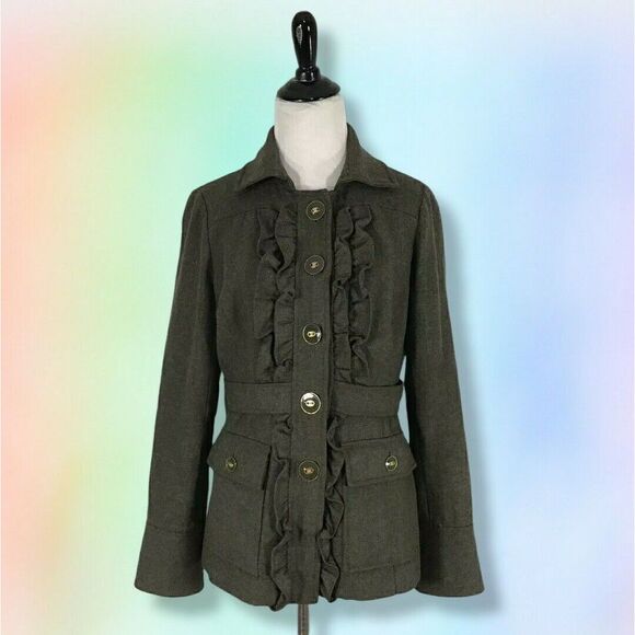 Anthropologie Tabitha Oxer Military Ruffle Green‎ Wool Jacket Size 4 $158